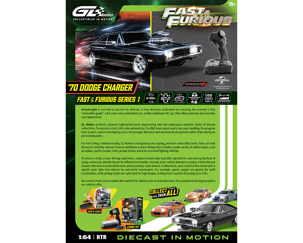 Greenlight Motion 1:64 RC The Fast & The Furious 1970 Dodge Charger “Dom’s Charger” Combo Set