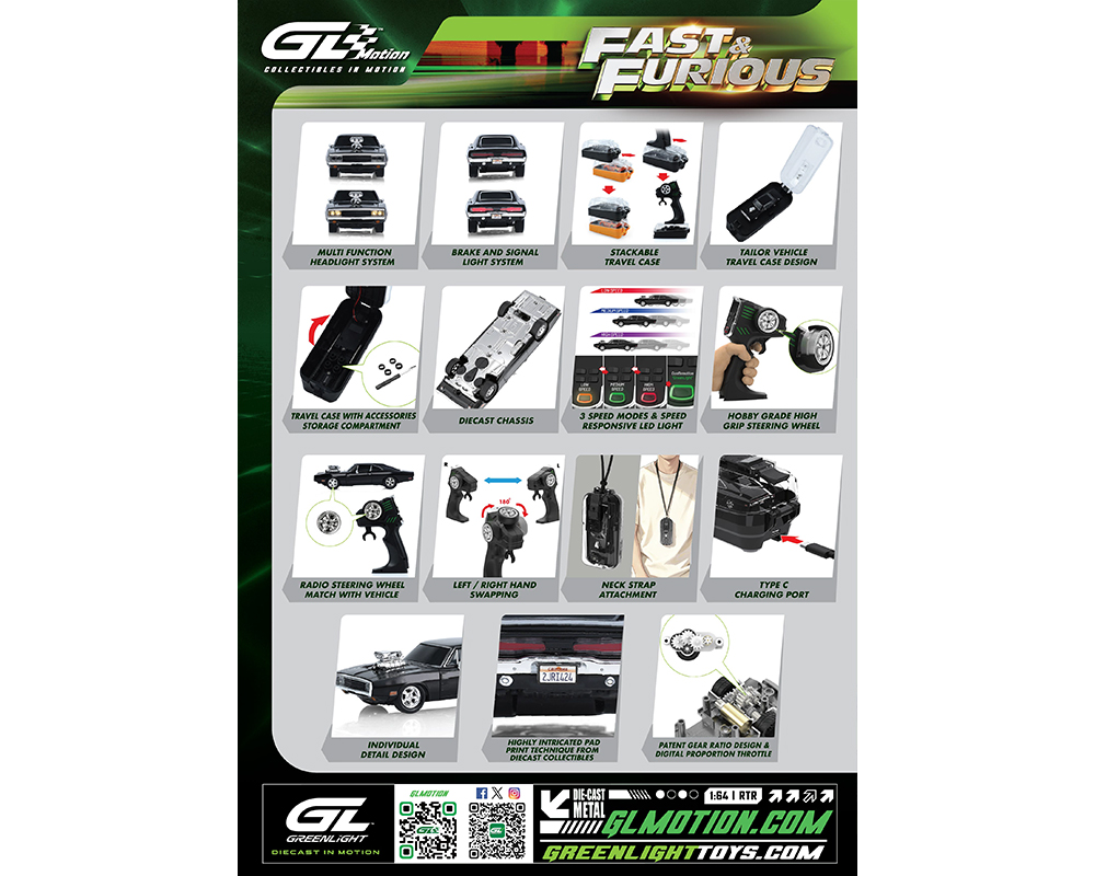 Greenlight Motion 1:64 RC The Fast & The Furious 1970 Dodge Charger “Dom’s Charger” Combo Set